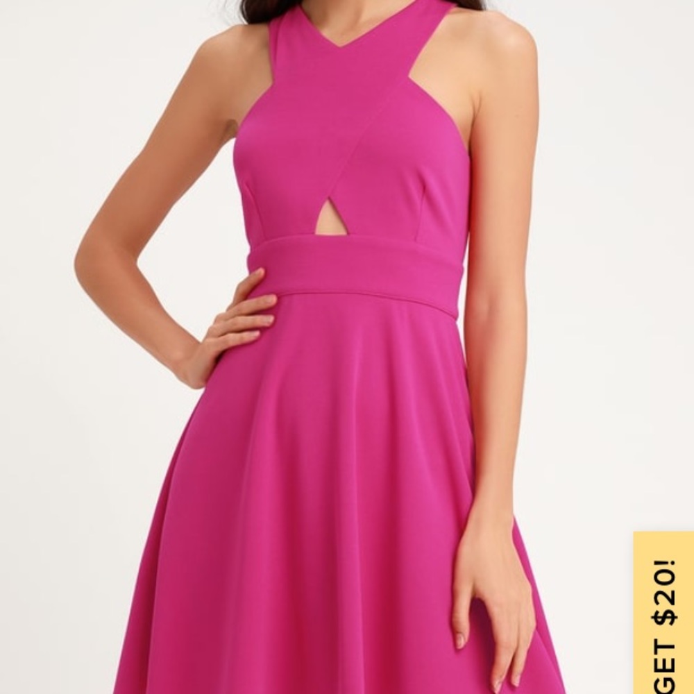 For sale Lulus Bright Pink Medium Stretchy Knit Skater Dress with a peekaboo cut